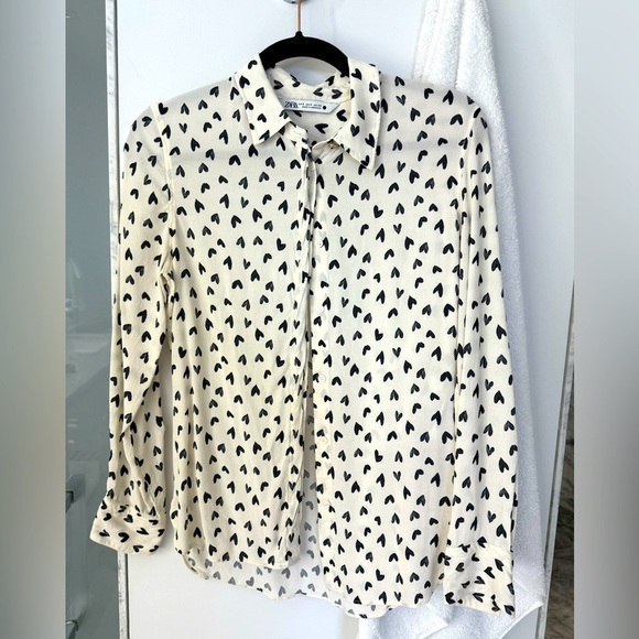 Zara Tops - Zara White and Black Casual Button Down Shirt with Heart Print